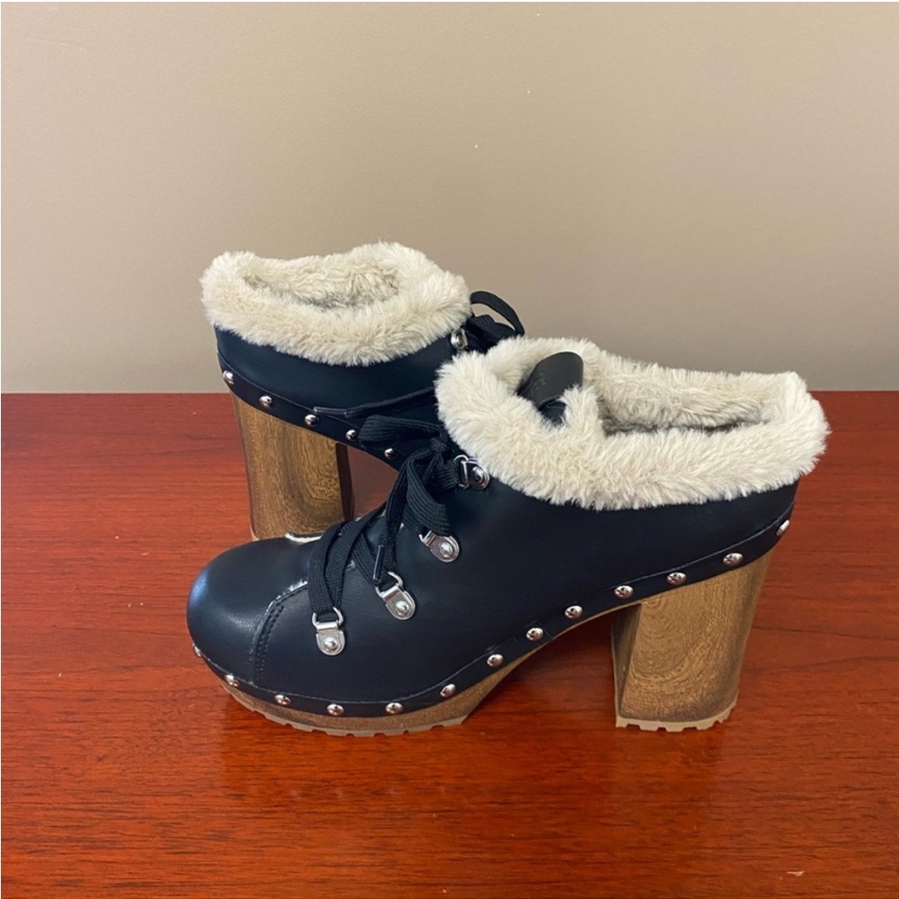 Guess Black and Brown Fur-Trimmed Heeled Boots